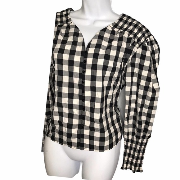 A New Day | New Button Down black and white Plaid Ruched Blouse - Picture 3 of 9